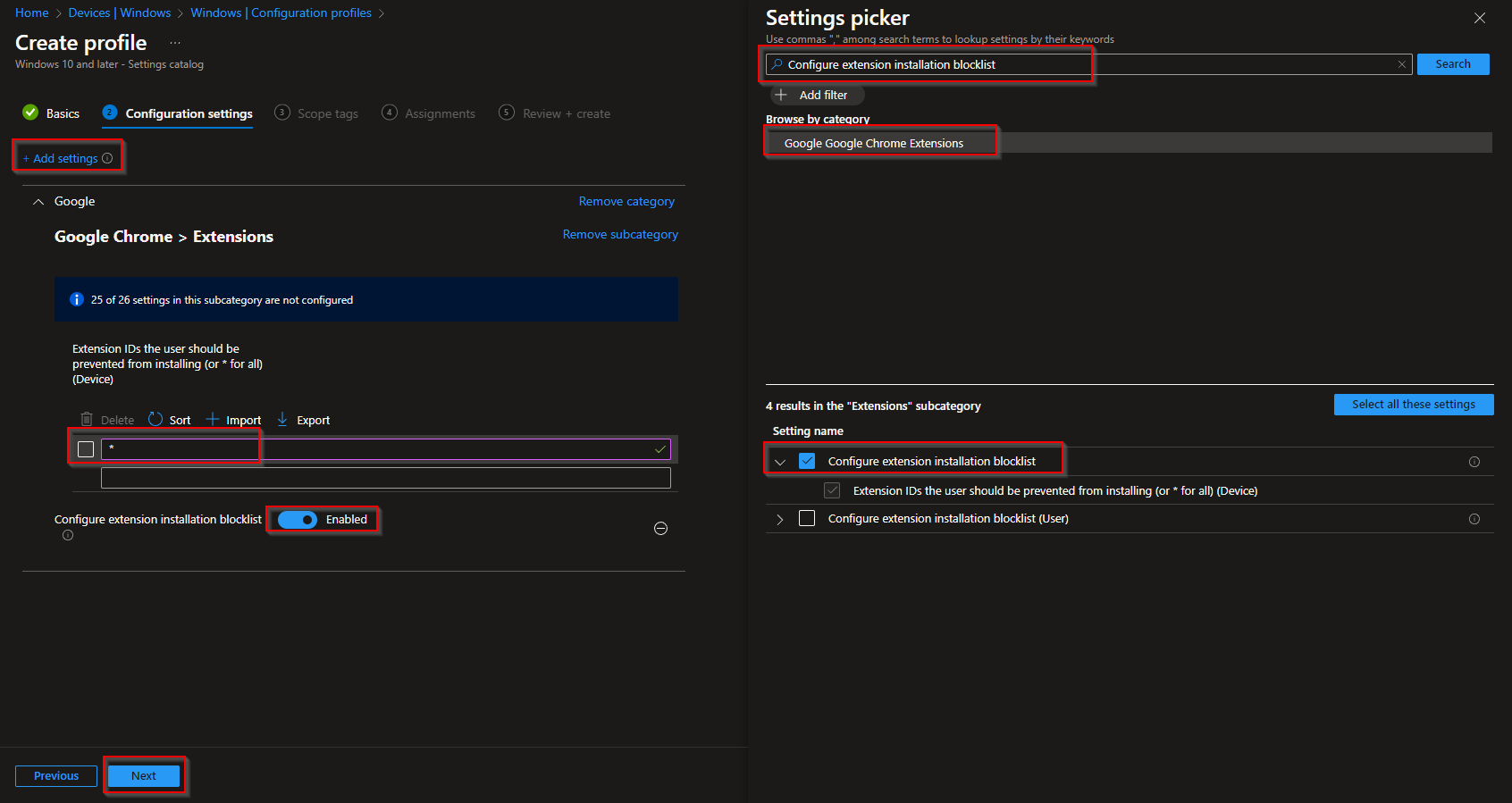 Configuring extension installation blocklist with wildcard to block all extensions